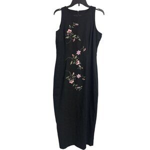 Vintage Ultra Dress N.Y. Black Linen‎ Floral Embroidered Long Dress Size 10